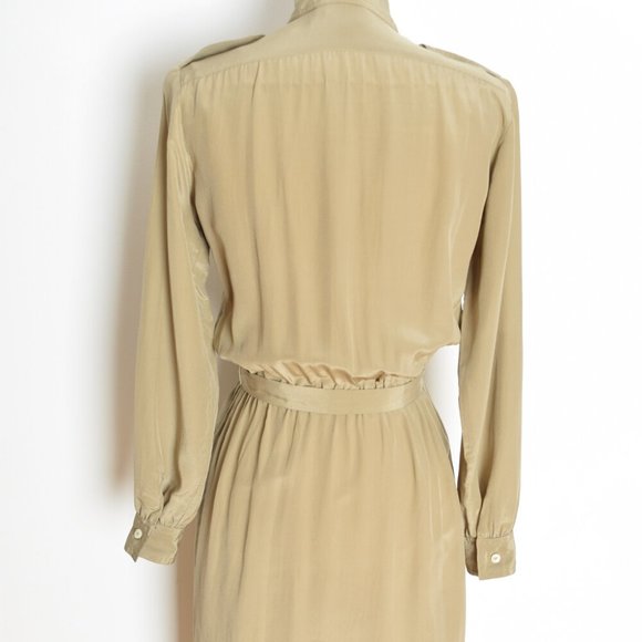 vintage 80s dress beige silk neutral secretary safari midi belted military M - Picture 6 of 7